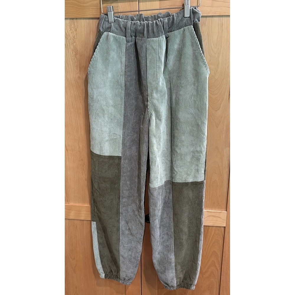 Green Patchwork Corduroy Jogger Pants Small Elastic Waist - Hippie/ Cottagecore
